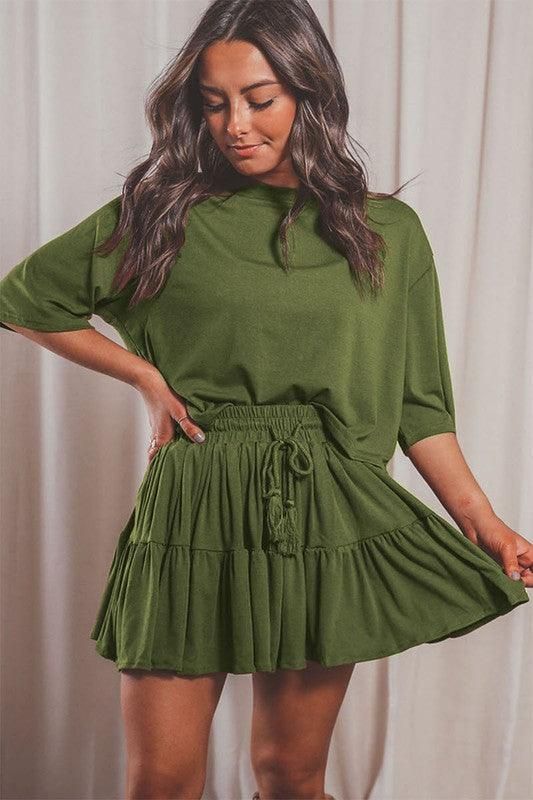 MID SLEEVE LOOSE SLEEVE SHORT SKIRT SUIT - Doublju