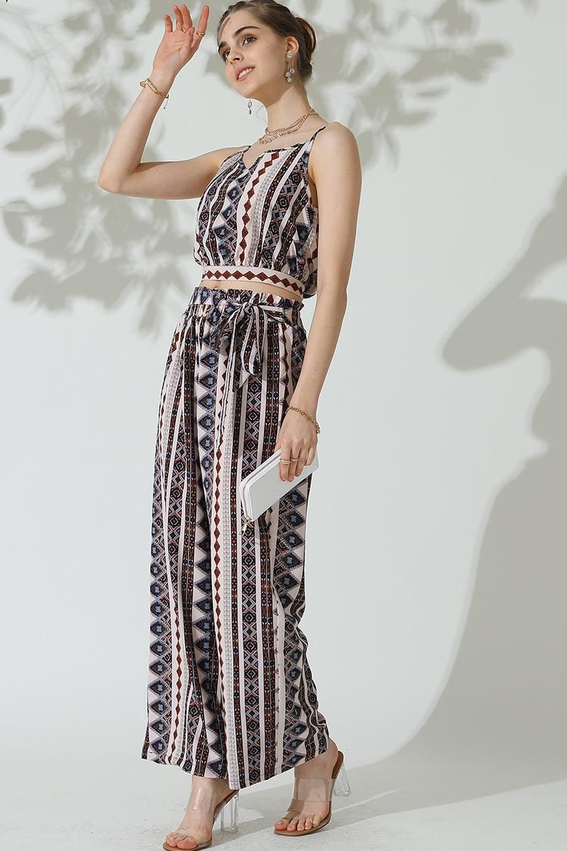 BOHEMIAN SUSPENDER CROP TOP AND WIDE PANTS SET - Doublju