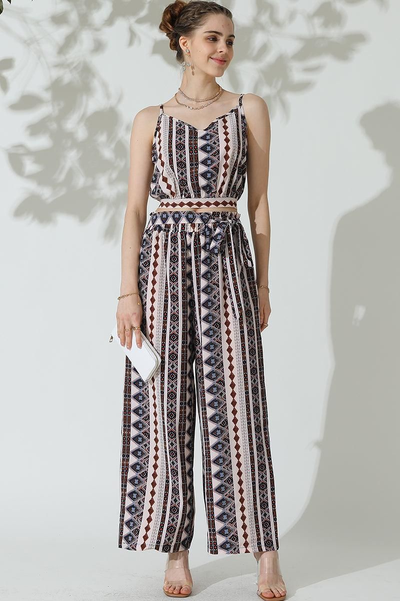 BOHEMIAN SUSPENDER CROP TOP AND WIDE PANTS SET - Doublju