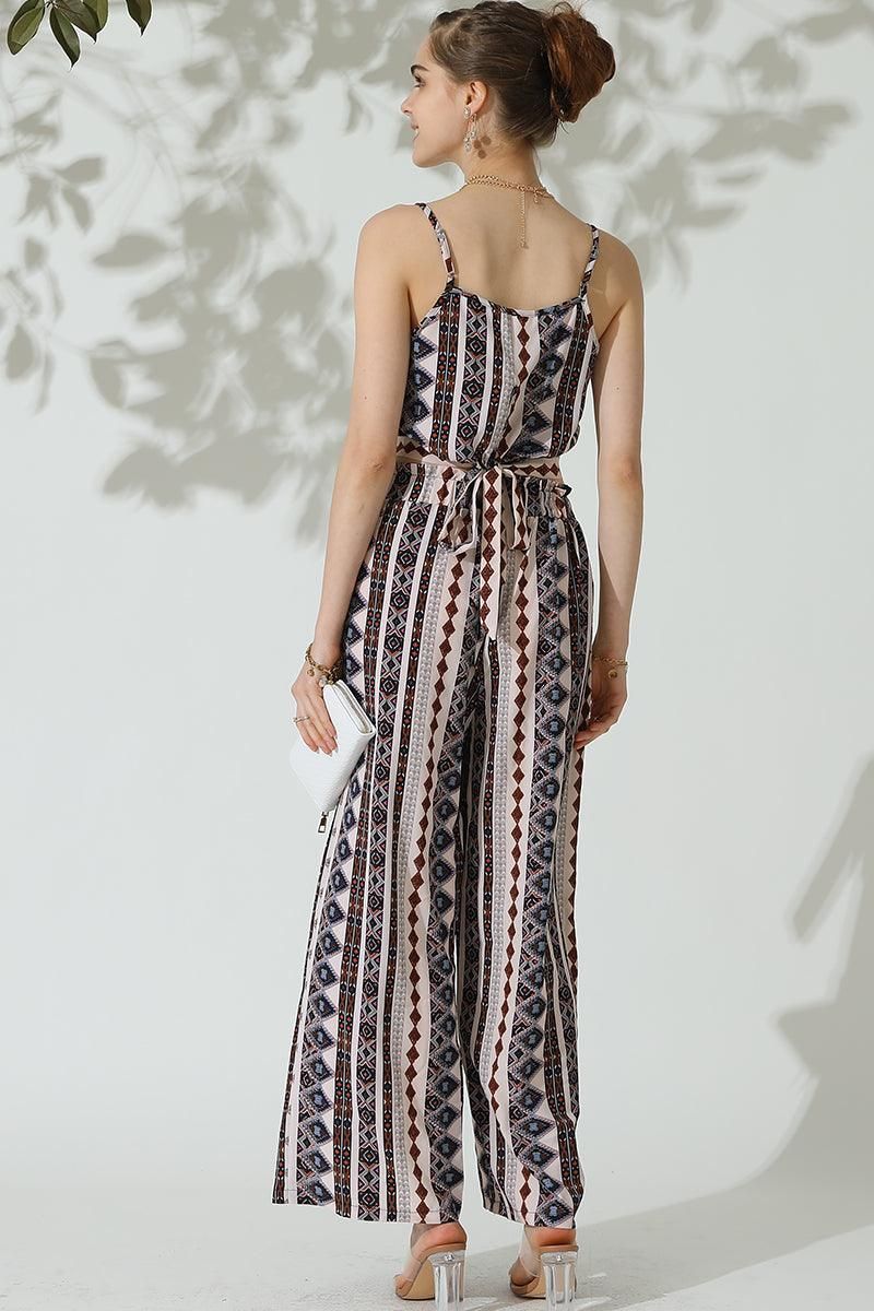 BOHEMIAN SUSPENDER CROP TOP AND WIDE PANTS SET - Doublju