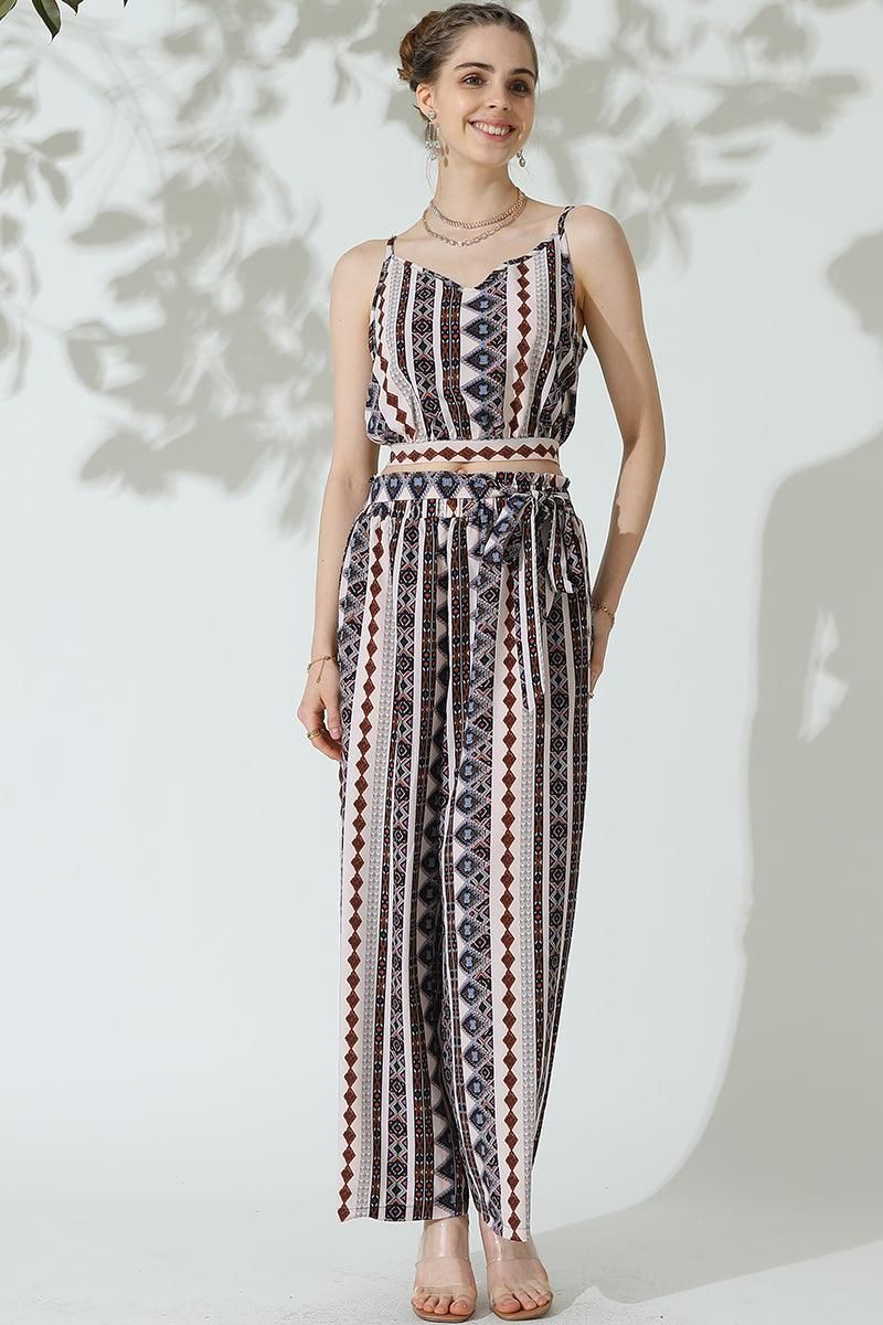 BOHEMIAN SUSPENDER CROP TOP AND WIDE PANTS SET - Doublju
