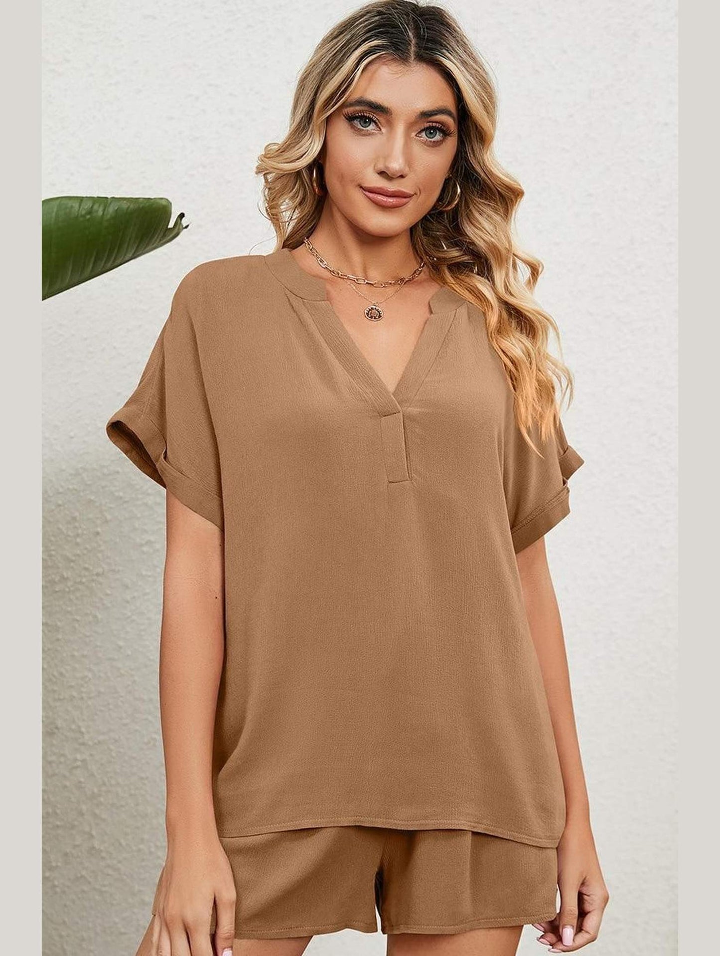 SOLID COLOR V NECK LOOSE TOP AND SHORT SET - Doublju