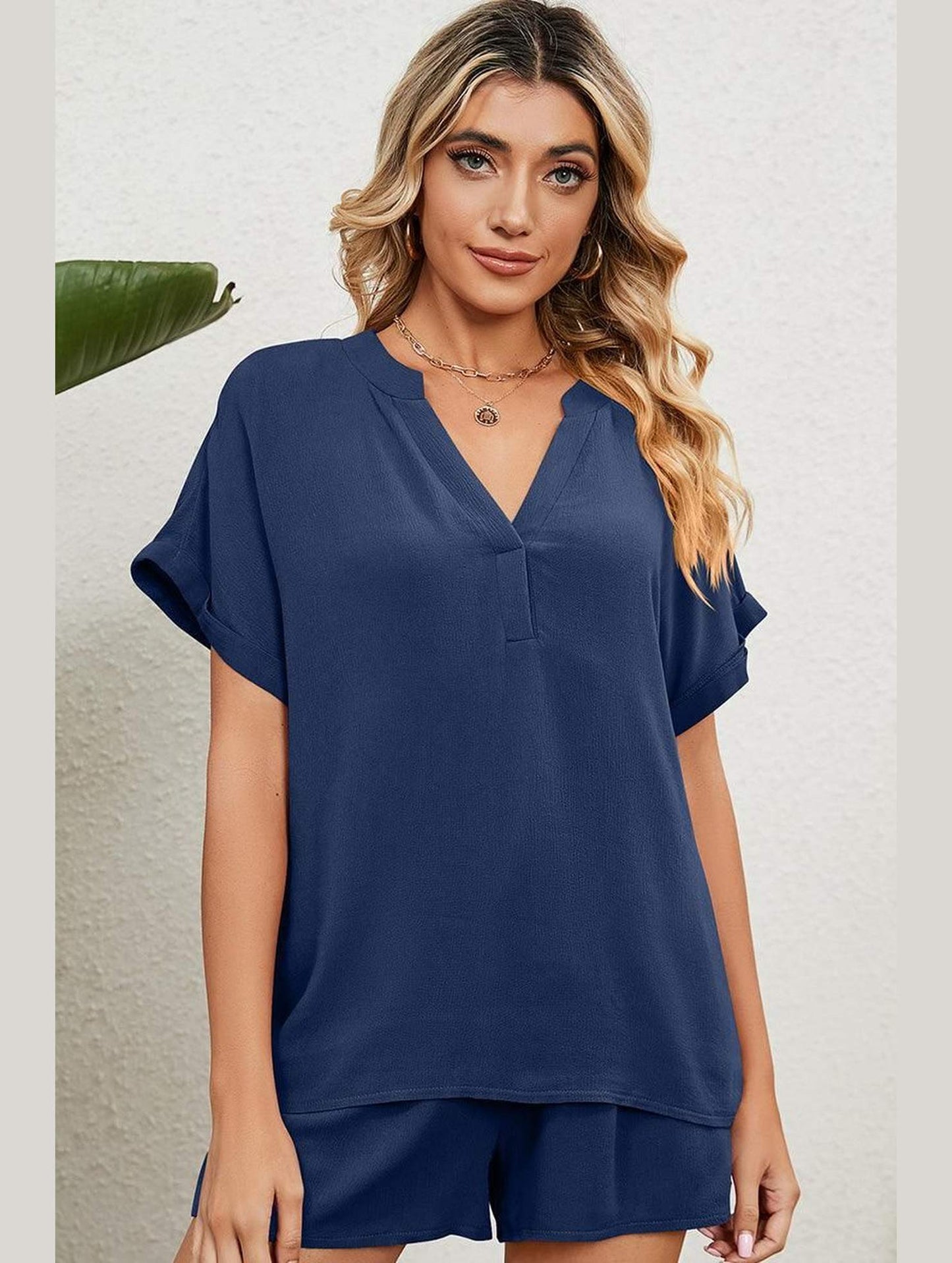 SOLID COLOR V NECK LOOSE TOP AND SHORT SET - Doublju
