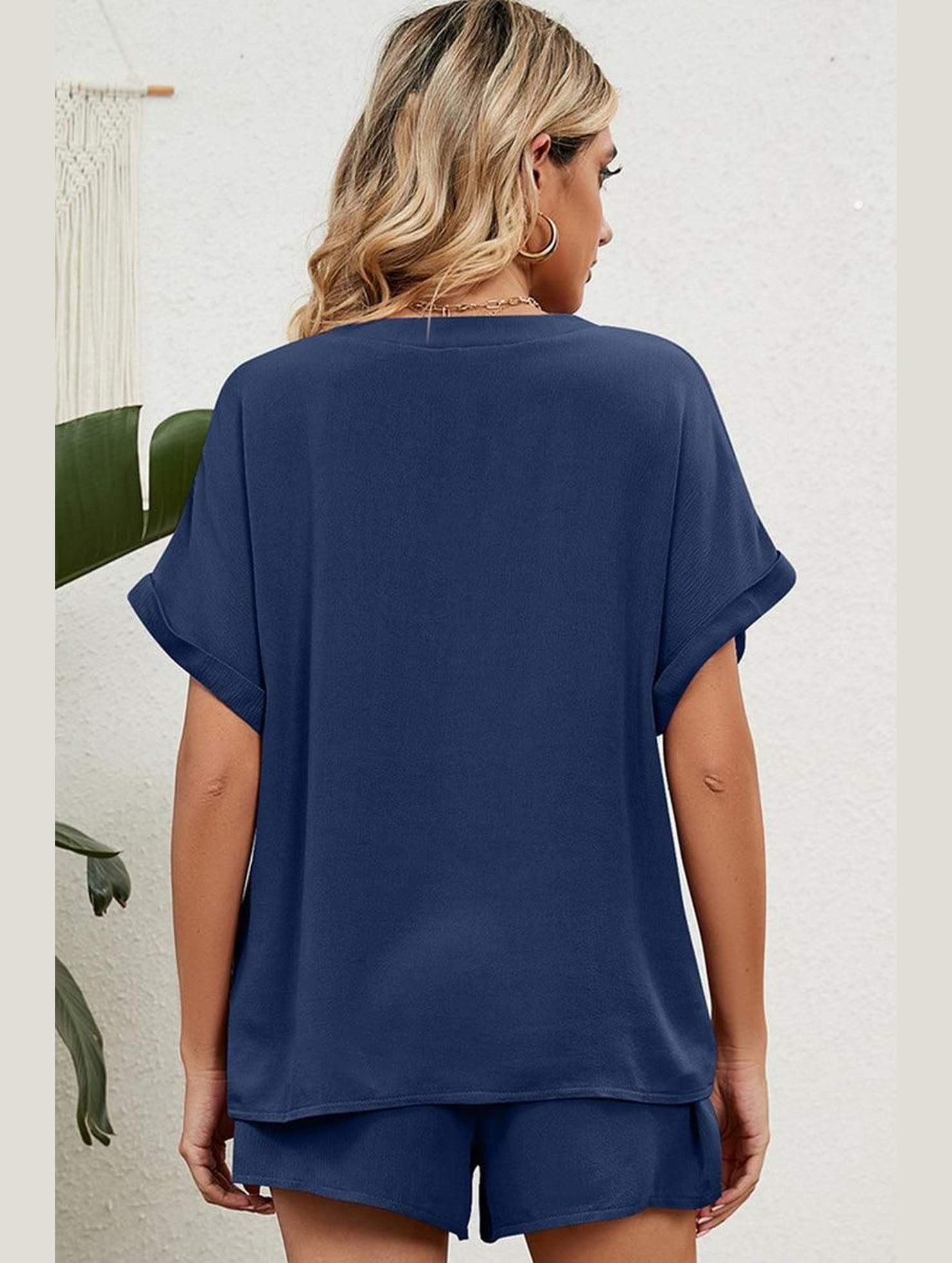 SOLID COLOR V NECK LOOSE TOP AND SHORT SET - Doublju