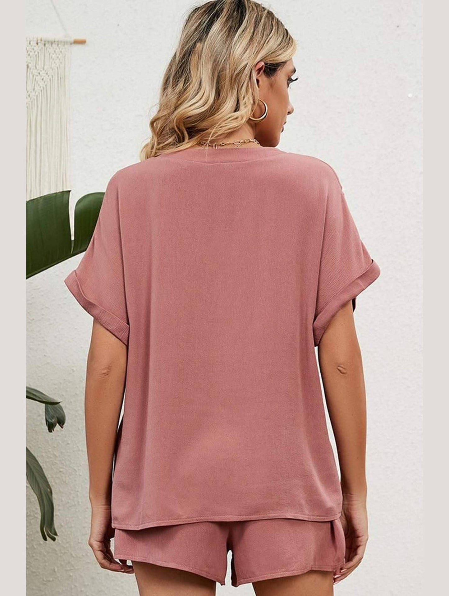 SOLID COLOR V NECK LOOSE TOP AND SHORT SET - Doublju