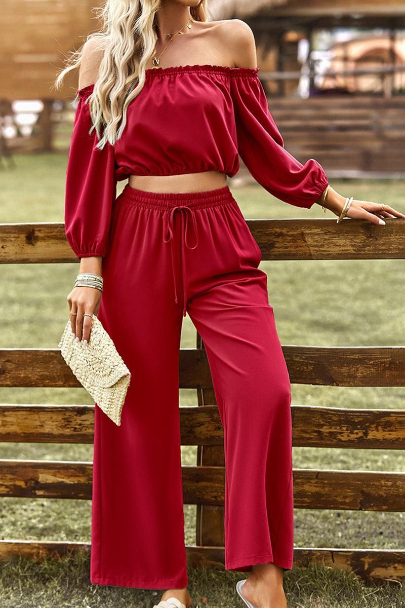 BALLON OFF SHOULDER CROP TOP AND WIDE PANTS SET - Doublju