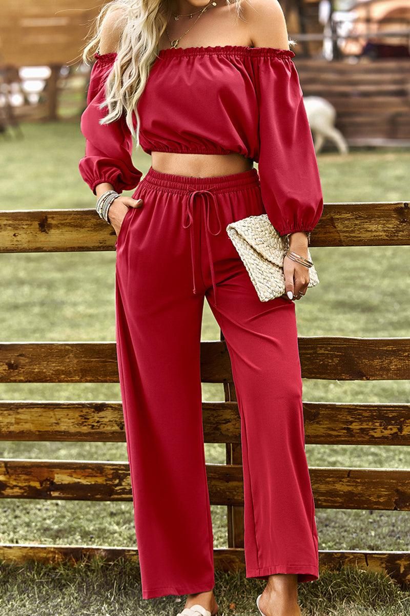 BALLON OFF SHOULDER CROP TOP AND WIDE PANTS SET - Doublju