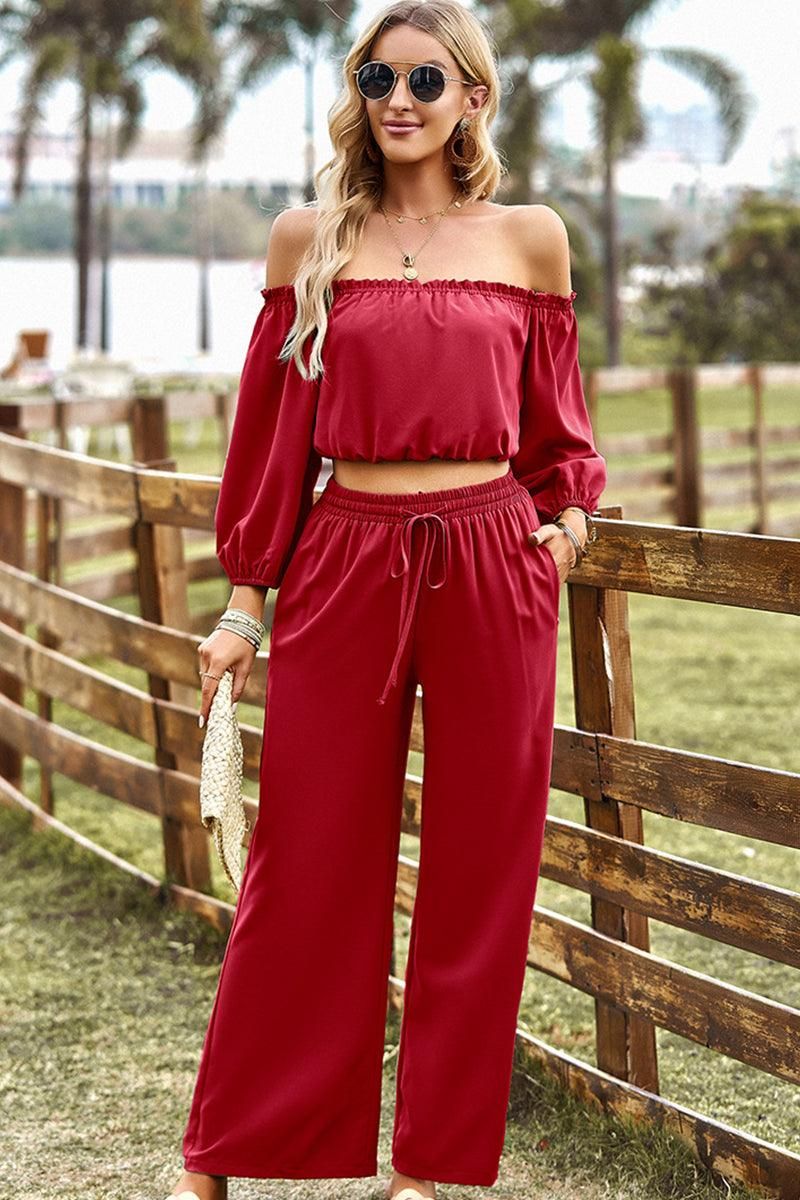 BALLON OFF SHOULDER CROP TOP AND WIDE PANTS SET - Doublju