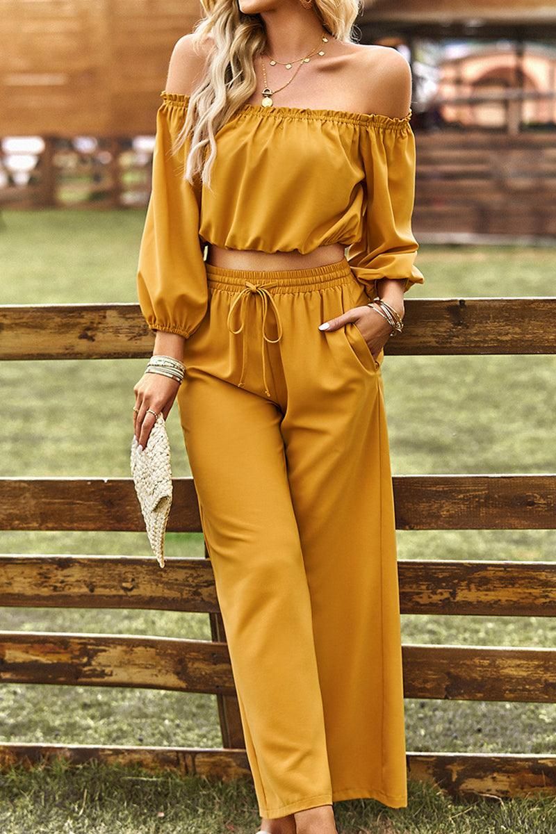 BALLON OFF SHOULDER CROP TOP AND WIDE PANTS SET - Doublju