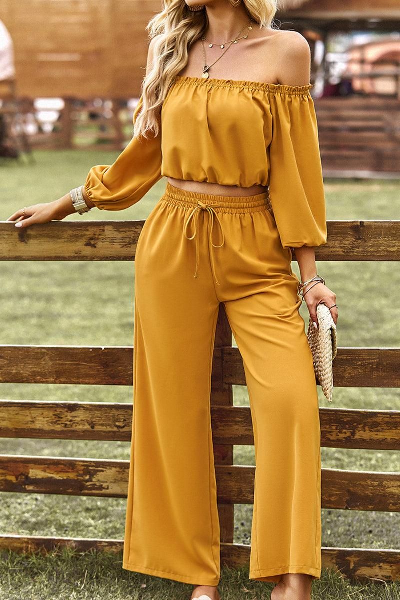 BALLON OFF SHOULDER CROP TOP AND WIDE PANTS SET - Doublju