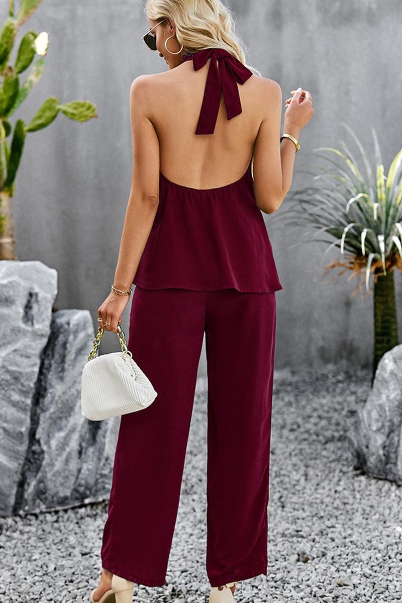 HALTER NECK TOP AND WIDE PANTS SET - Doublju