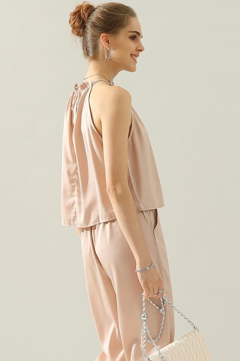 HIGH HALTER NECK SLEEVELESS TOP AND PANTS SET - Doublju