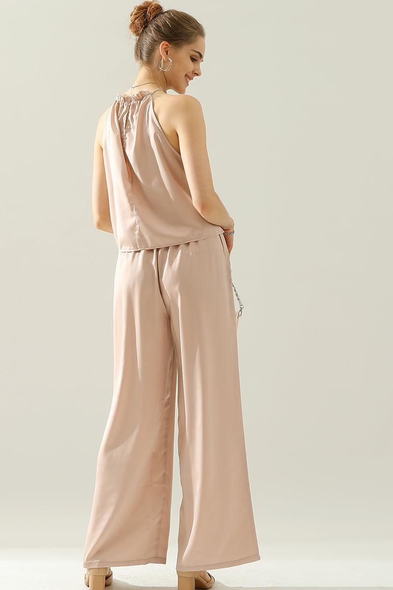HIGH HALTER NECK SLEEVELESS TOP AND PANTS SET - Doublju