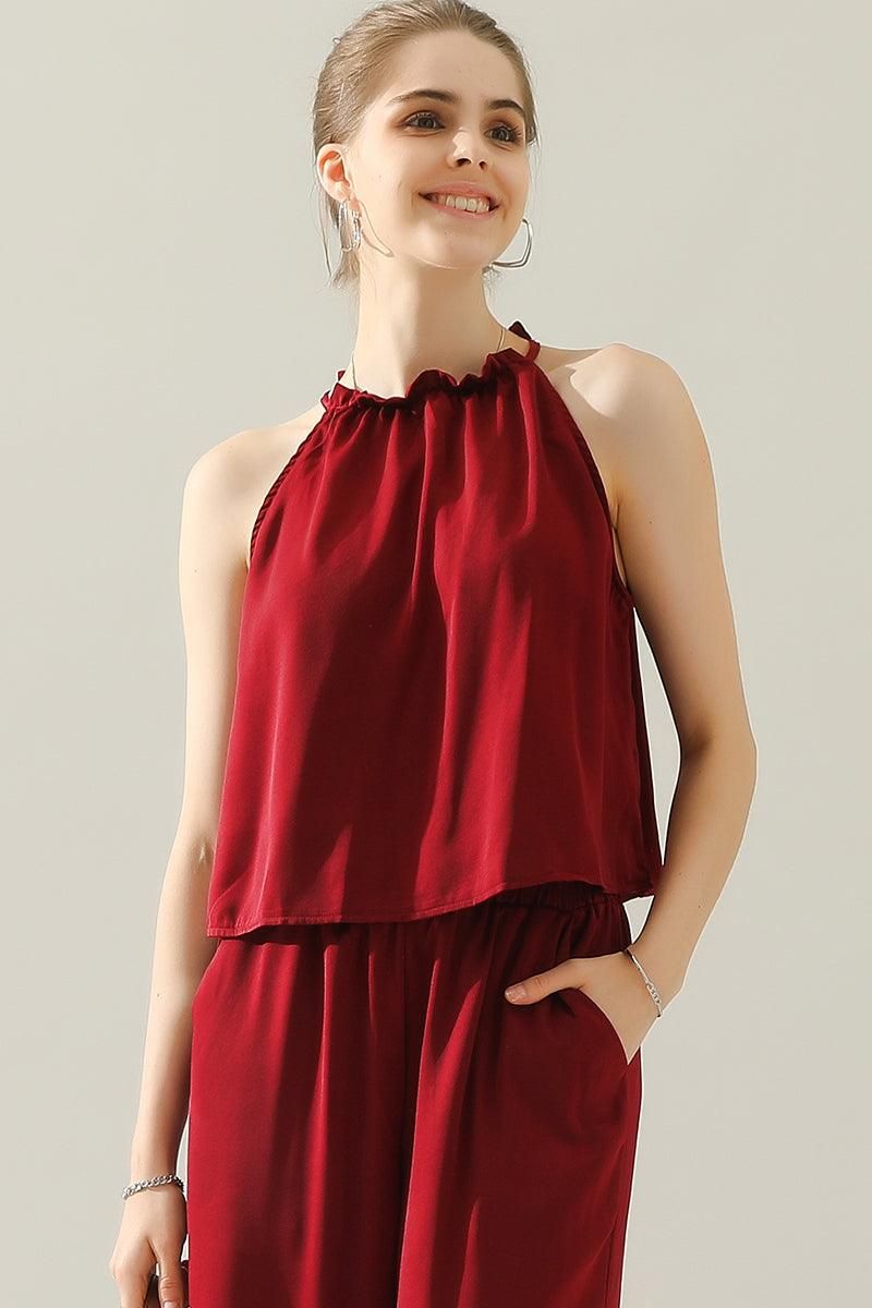 HIGH HALTER NECK SLEEVELESS TOP AND PANTS SET - Doublju