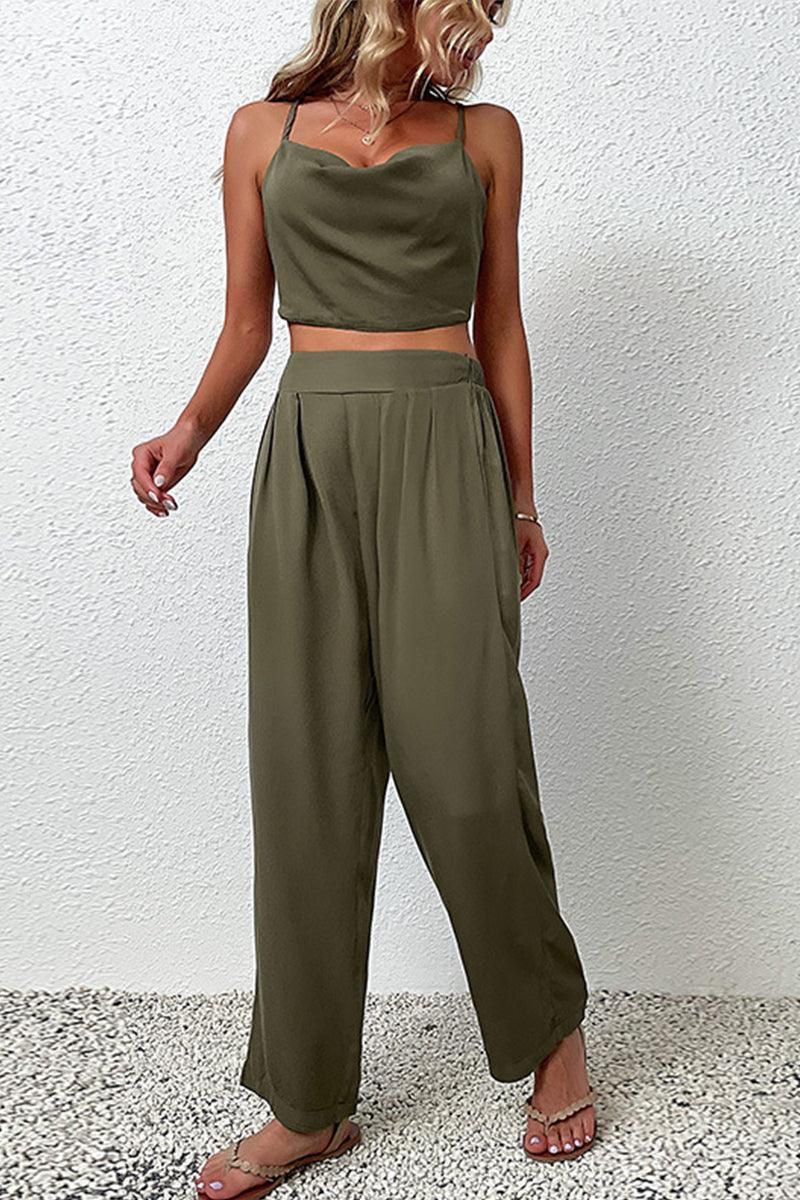 SEXY CROSS CROP TOP AND WIDE HIGH WAIST PANTS SET - Doublju