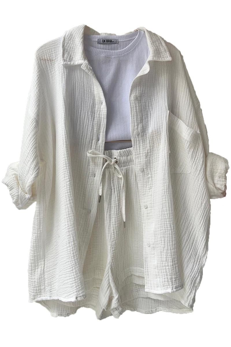 LONG SLEEVE SHIRTS AND DRAWSTRING SHORT SET - Doublju