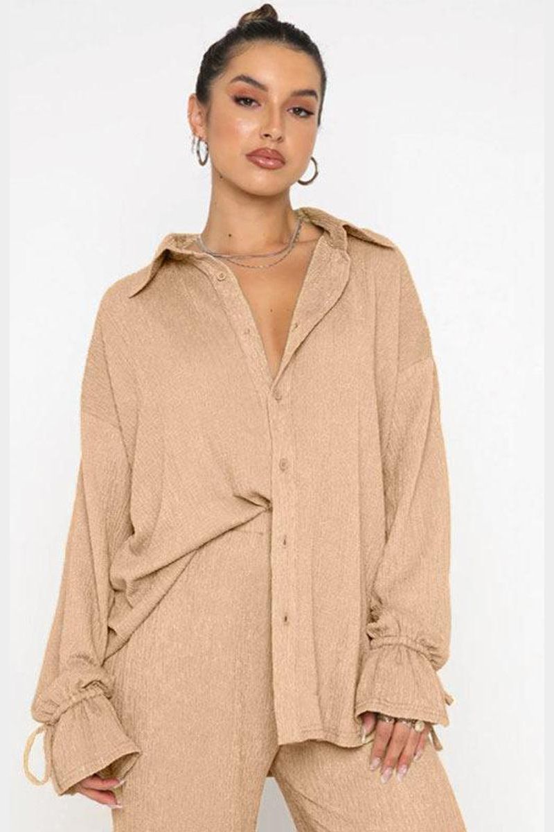 WOMEN OVERSIZED BUTTON UP SHIRTS AND PANTS SET - Doublju