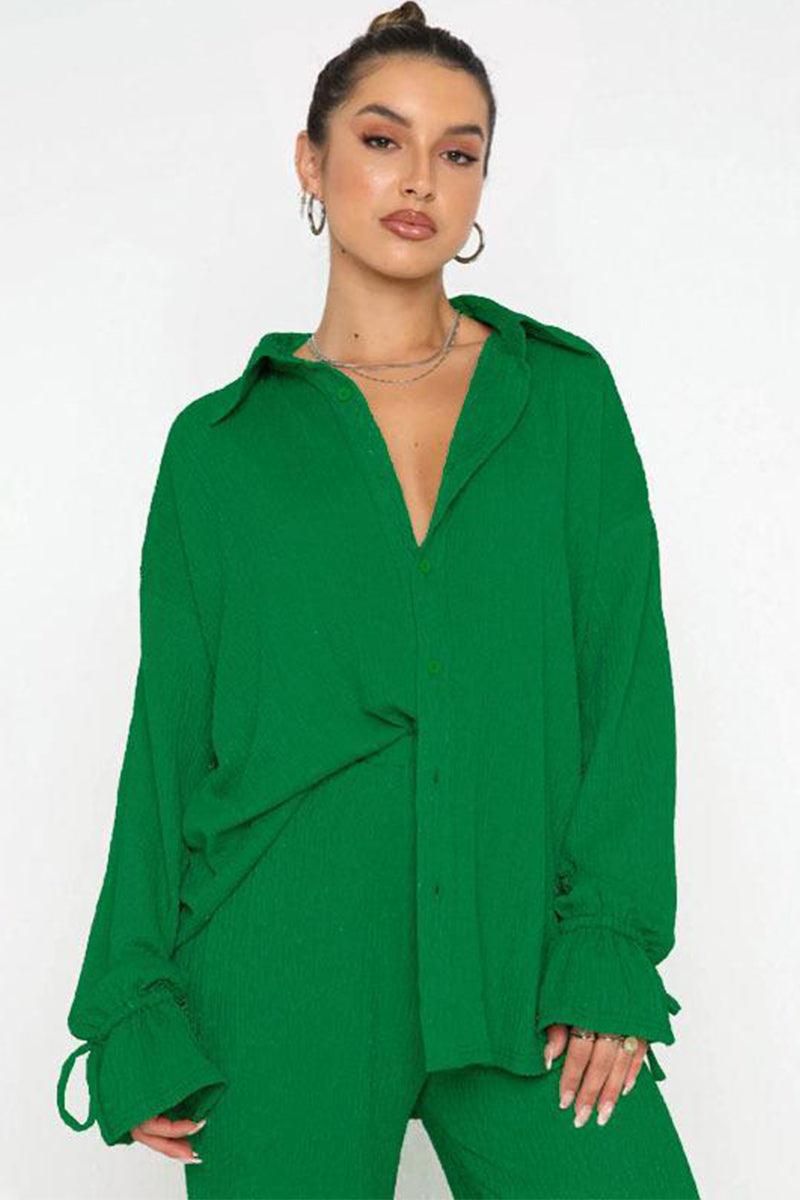 WOMEN OVERSIZED BUTTON UP SHIRTS AND PANTS SET - Doublju
