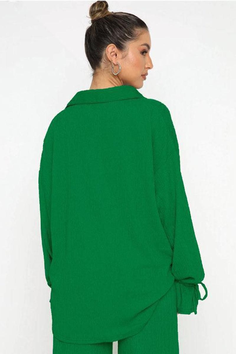 WOMEN OVERSIZED BUTTON UP SHIRTS AND PANTS SET - Doublju