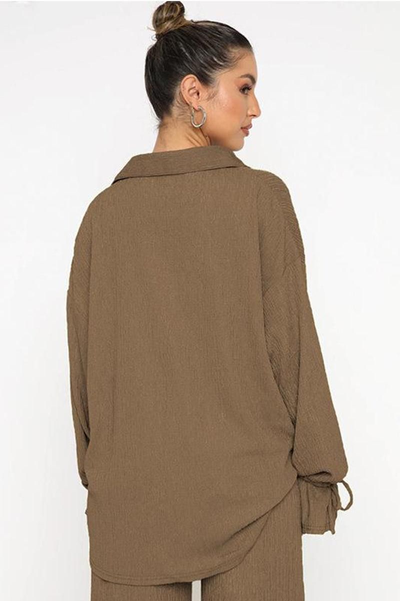 WOMEN OVERSIZED BUTTON UP SHIRTS AND PANTS SET - Doublju