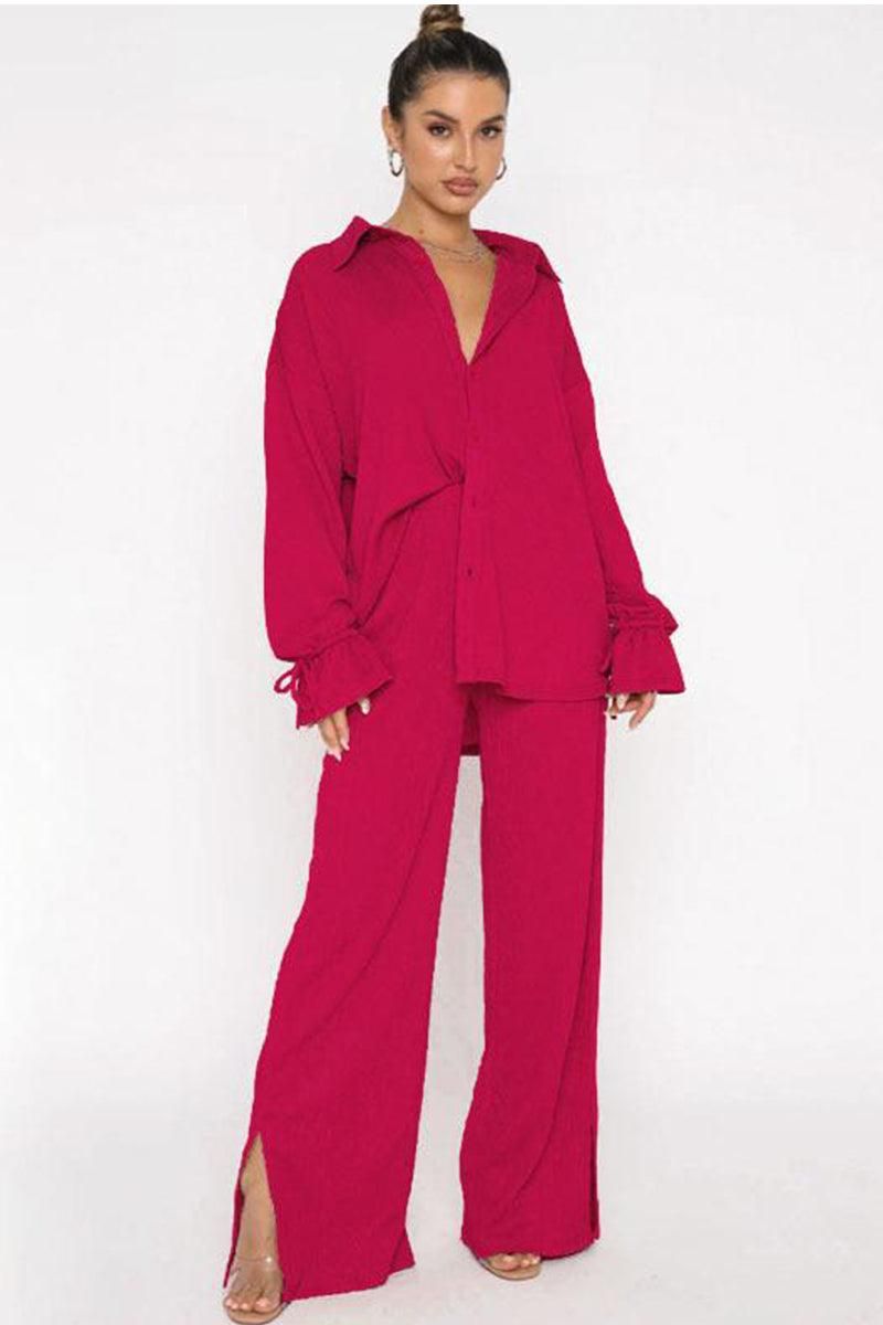WOMEN OVERSIZED BUTTON UP SHIRTS AND PANTS SET - Doublju