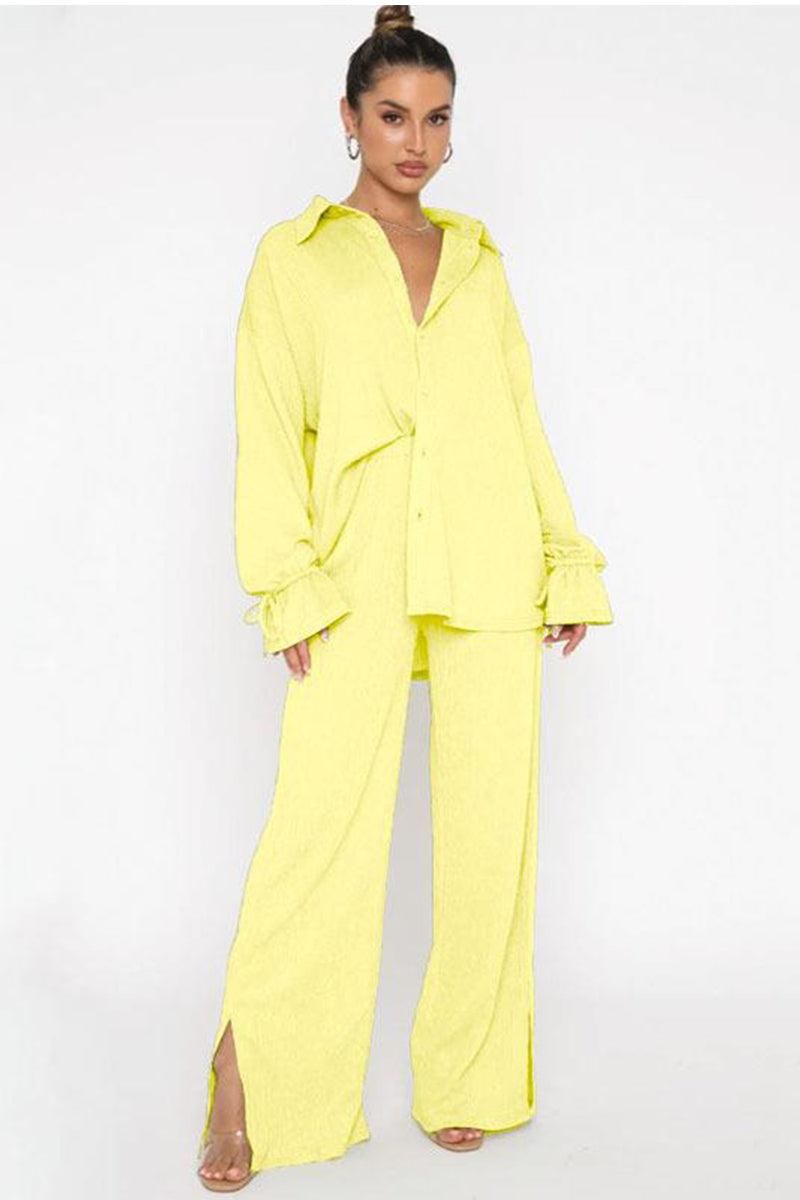 WOMEN OVERSIZED BUTTON UP SHIRTS AND PANTS SET - Doublju