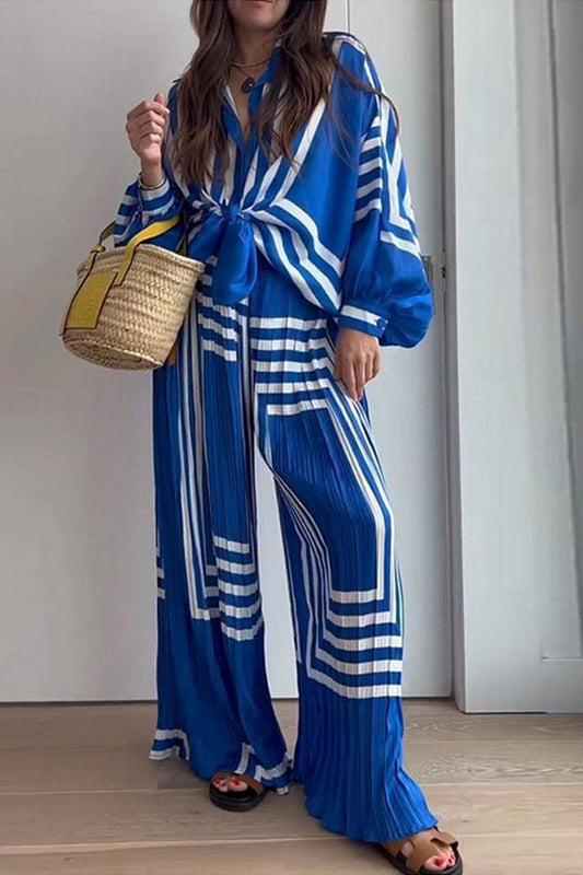 WOMEN STRIPE WIDE LEG PANTS AND SHIRTS SET