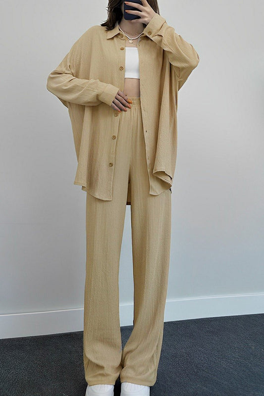 WOMEN COZY LIGHT BUTTON DOWN SHIRTS AND PANTS SET