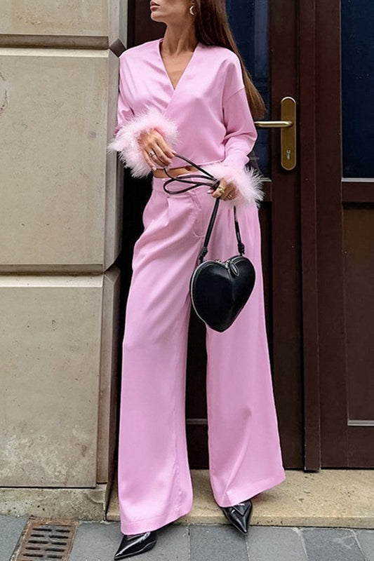 WOMEN CUTE FURRY CUFF WRAP BLOUSE AND PANTS SET