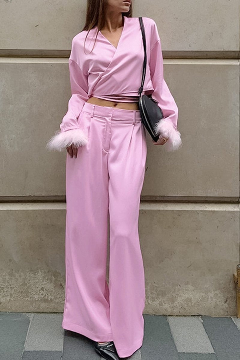 WOMEN CUTE FURRY CUFF WRAP BLOUSE AND PANTS SET