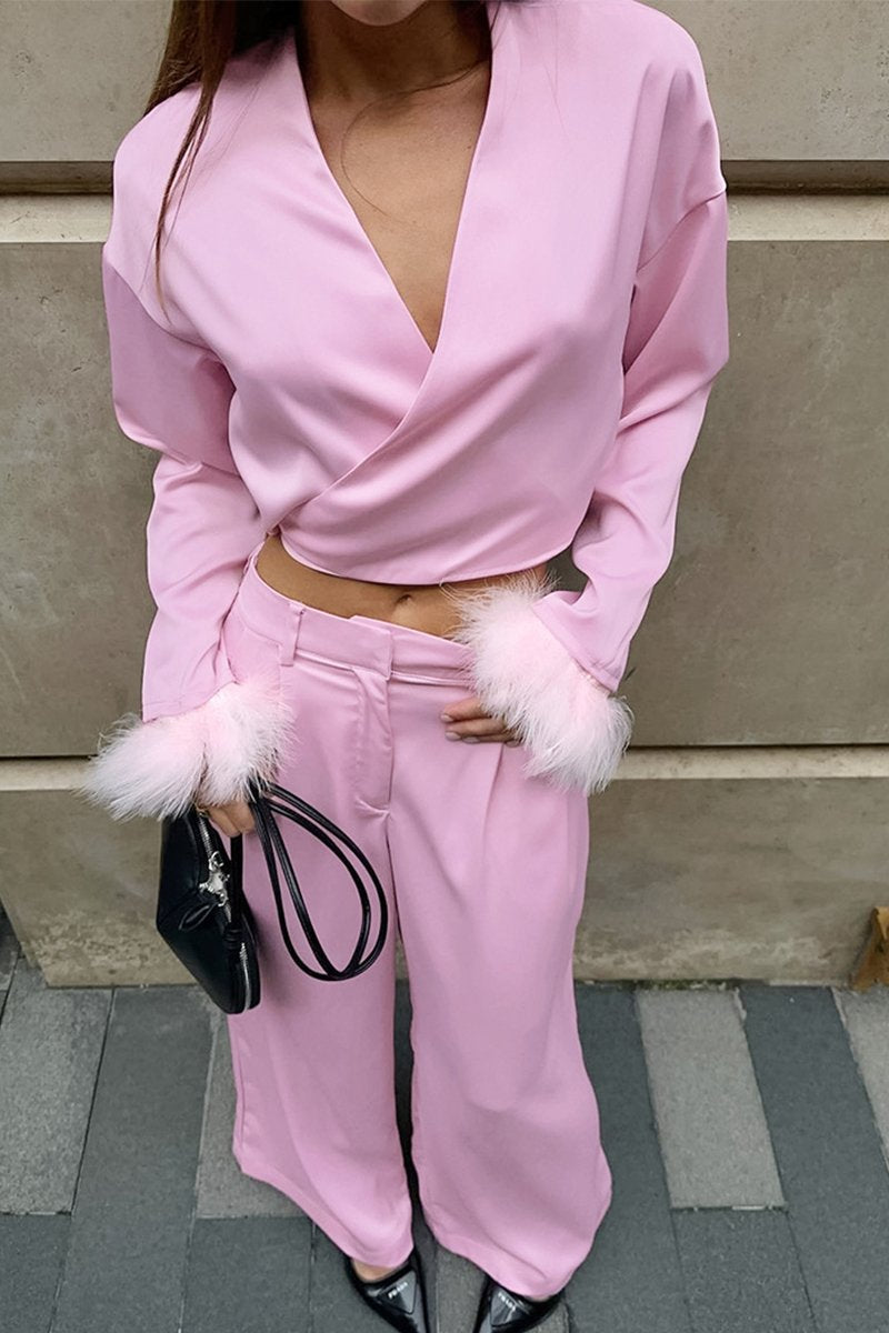 WOMEN CUTE FURRY CUFF WRAP BLOUSE AND PANTS SET