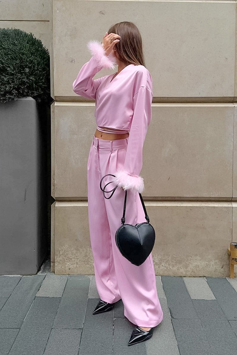 WOMEN CUTE FURRY CUFF WRAP BLOUSE AND PANTS SET