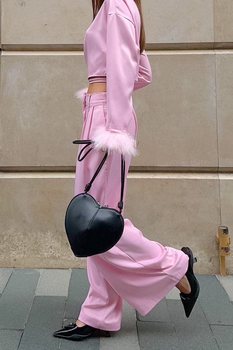 WOMEN CUTE FURRY CUFF WRAP BLOUSE AND PANTS SET