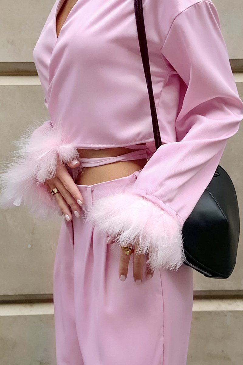 WOMEN CUTE FURRY CUFF WRAP BLOUSE AND PANTS SET