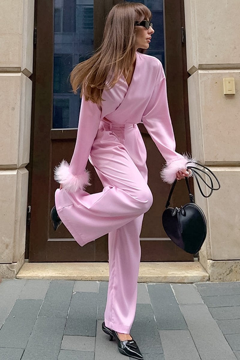 WOMEN CUTE FURRY CUFF WRAP BLOUSE AND PANTS SET