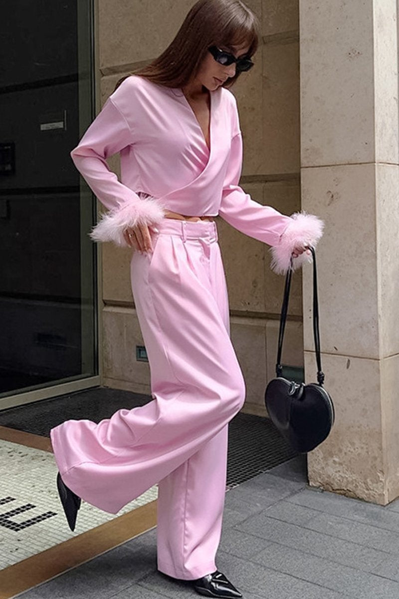 WOMEN CUTE FURRY CUFF WRAP BLOUSE AND PANTS SET