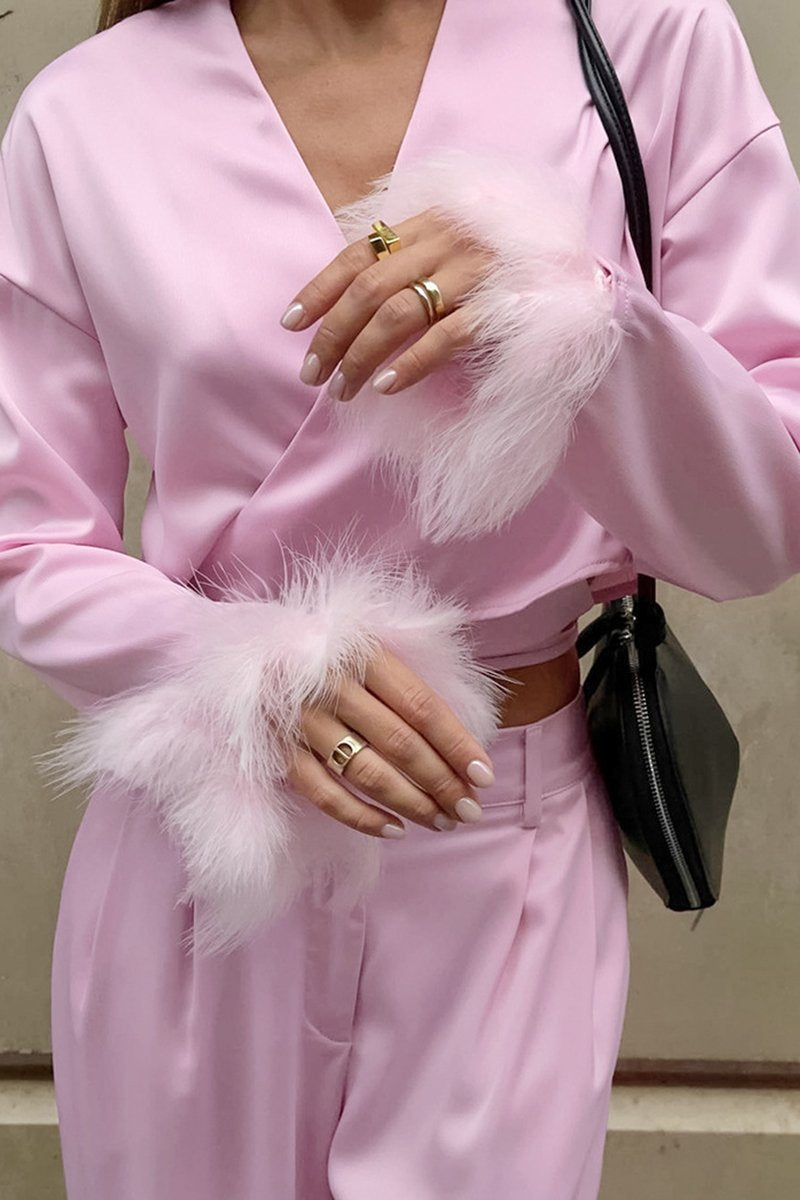 WOMEN CUTE FURRY CUFF WRAP BLOUSE AND PANTS SET