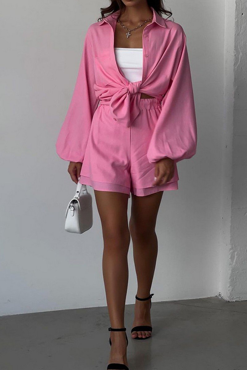 WOMEN LANTERN SLEEVE SHIRTS AND ELASTIC SHORTS