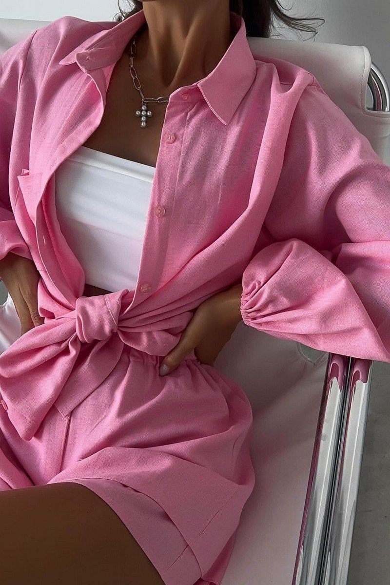 WOMEN LANTERN SLEEVE SHIRTS AND ELASTIC SHORTS