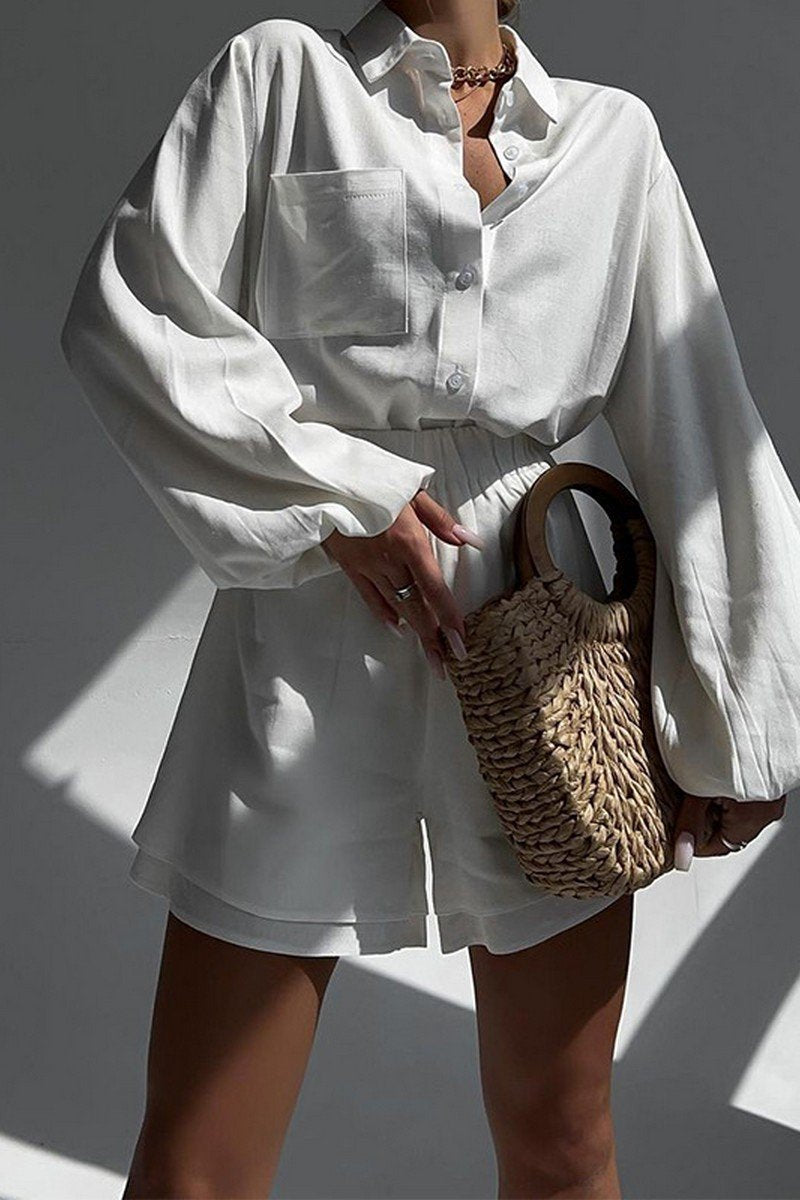 WOMEN LANTERN SLEEVE SHIRTS AND ELASTIC SHORTS