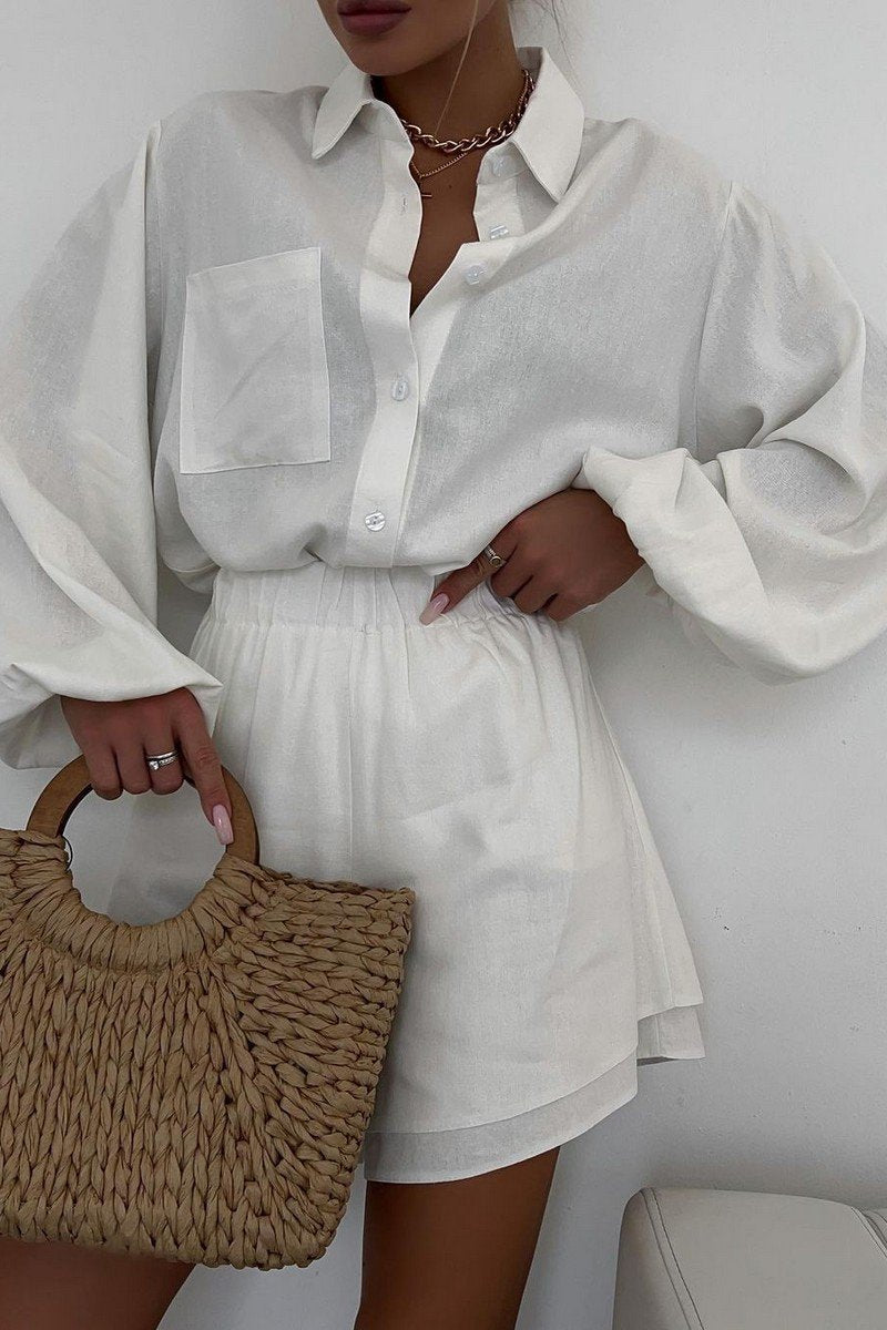 WOMEN LANTERN SLEEVE SHIRTS AND ELASTIC SHORTS