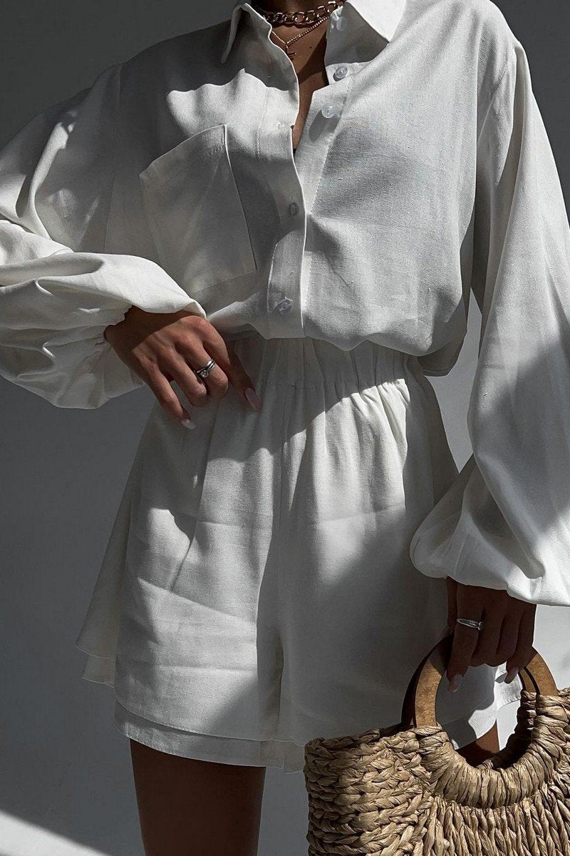 WOMEN LANTERN SLEEVE SHIRTS AND ELASTIC SHORTS