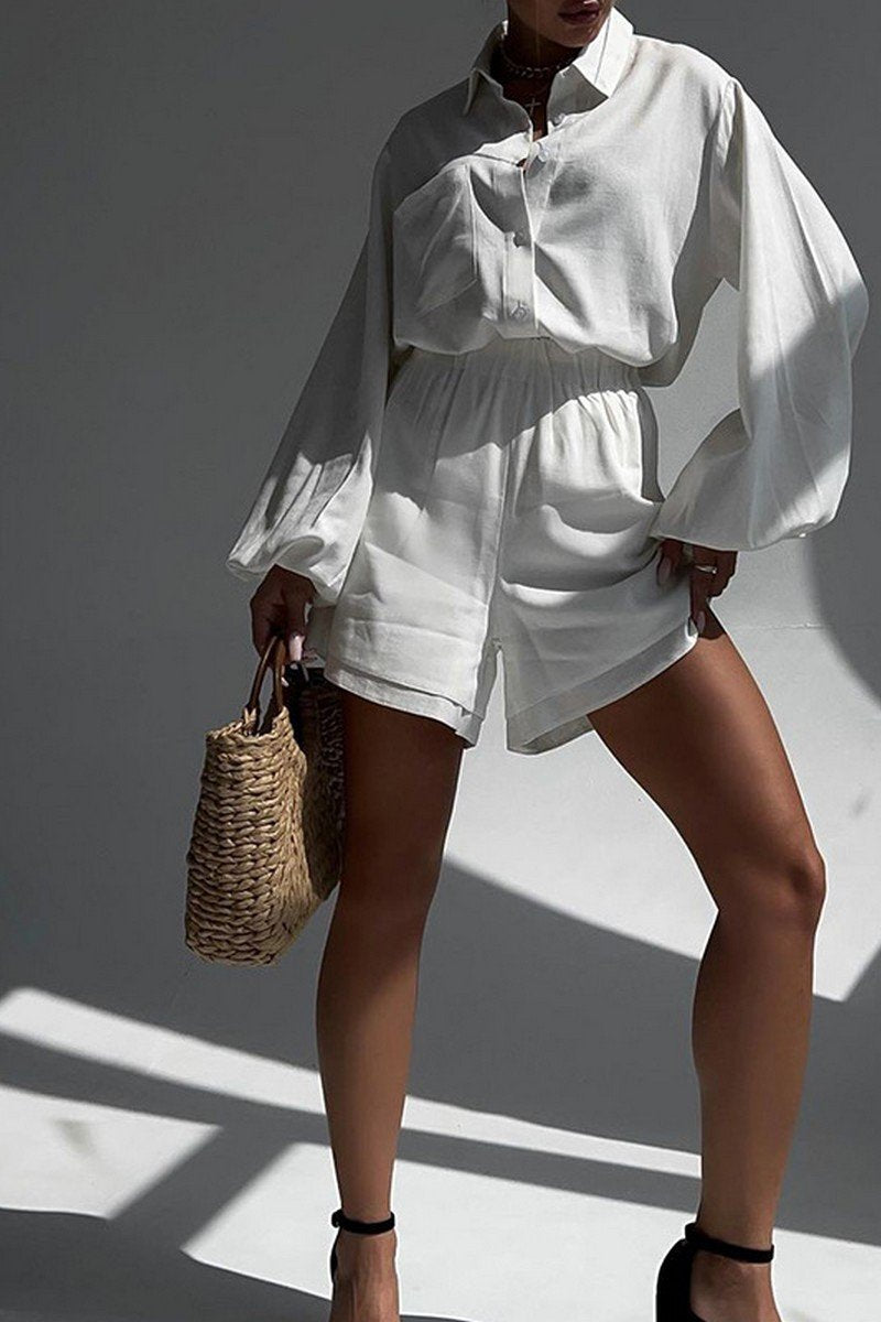 WOMEN LANTERN SLEEVE SHIRTS AND ELASTIC SHORTS