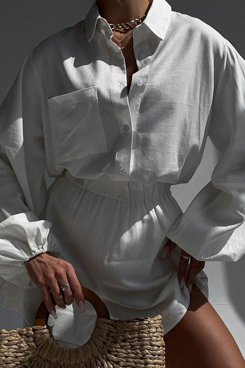 WOMEN LANTERN SLEEVE SHIRTS AND ELASTIC SHORTS