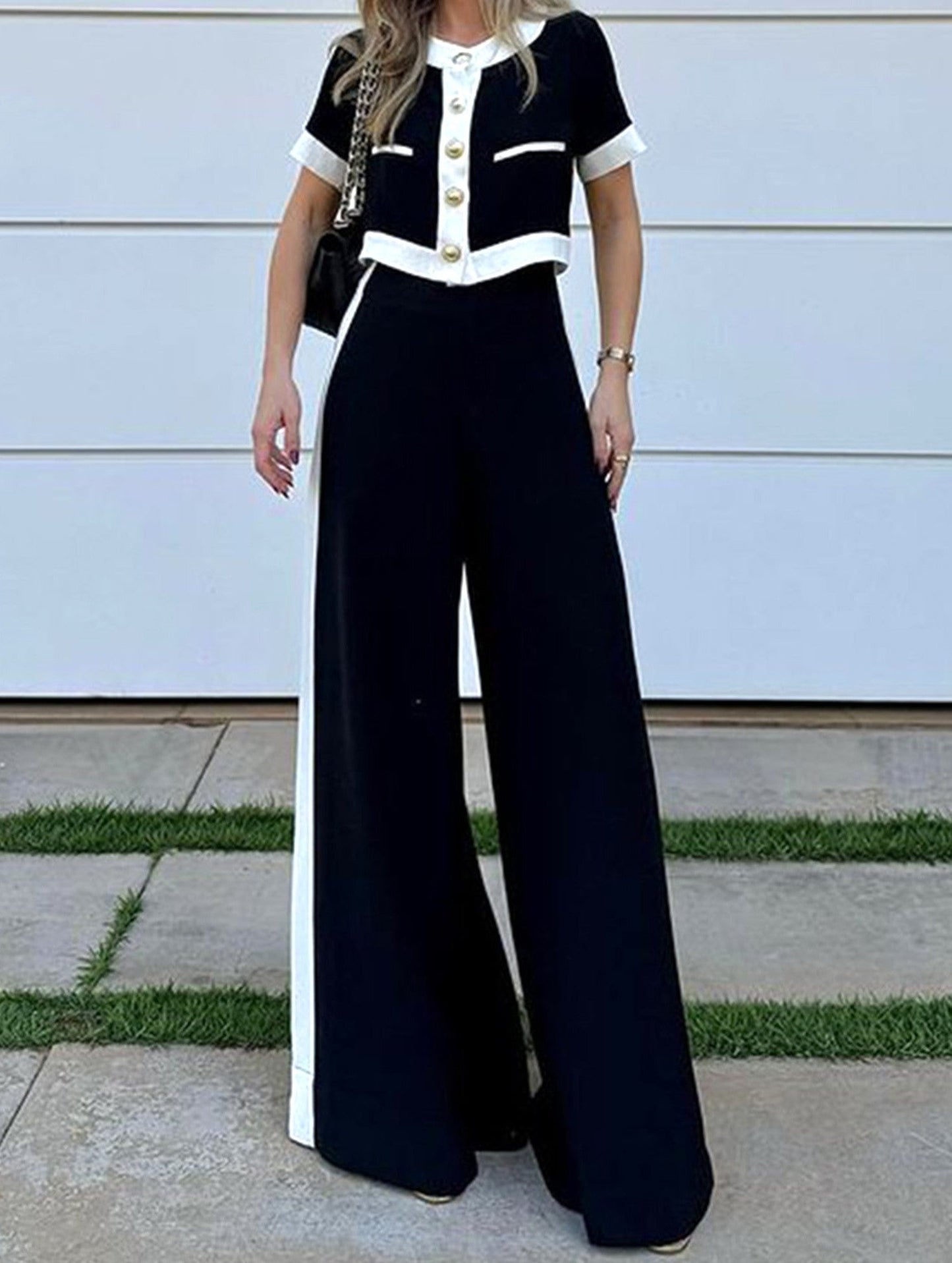 Short Top Straight Leg Two-Piece Set ??Casual Chic Matching Set for Women