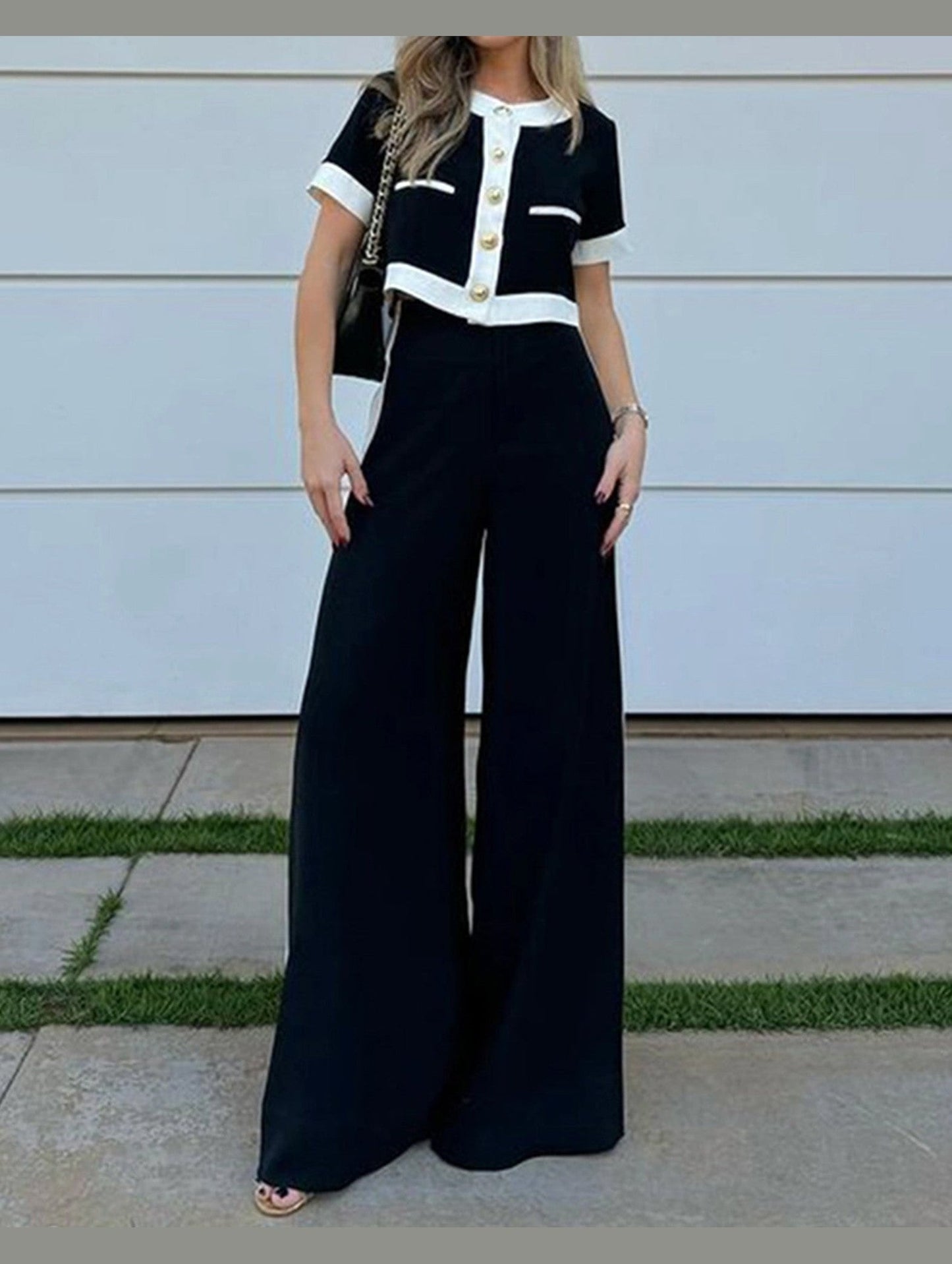 Short Top Straight Leg Two-Piece Set ??Casual Chic Matching Set for Women