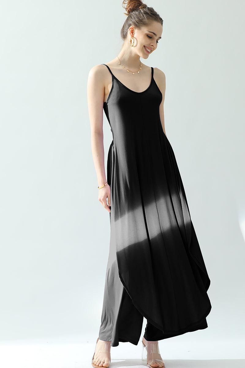 BACK CROPED STRAP DRESS AND WIDE LONG PANT SET - Doublju