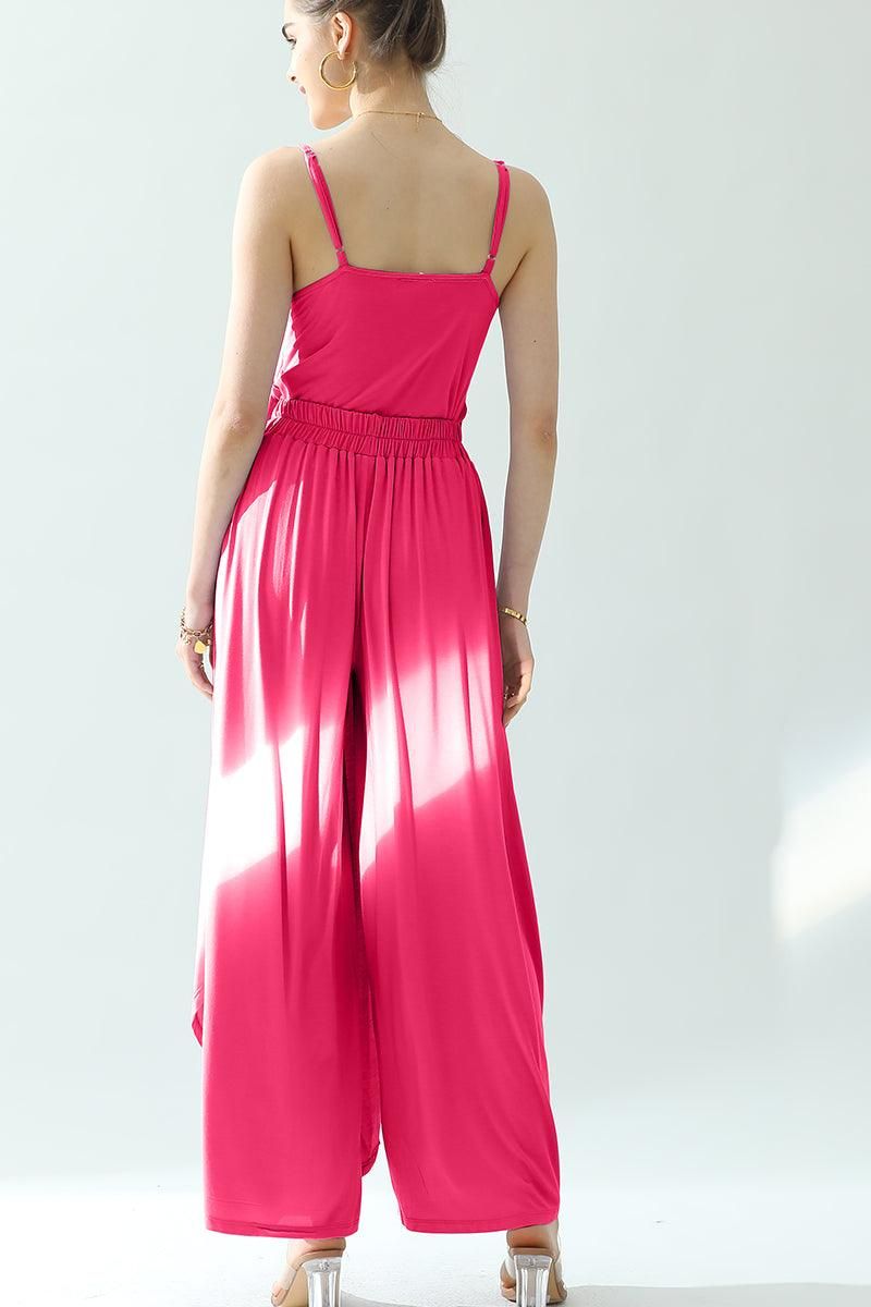 BACK CROPED STRAP DRESS AND WIDE LONG PANT SET - Doublju