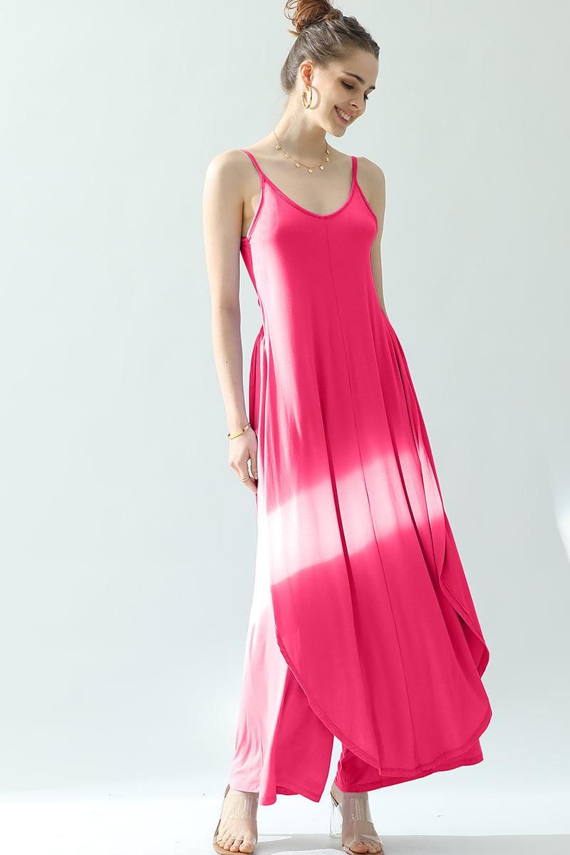 BACK CROPED STRAP DRESS AND WIDE LONG PANT SET - Doublju