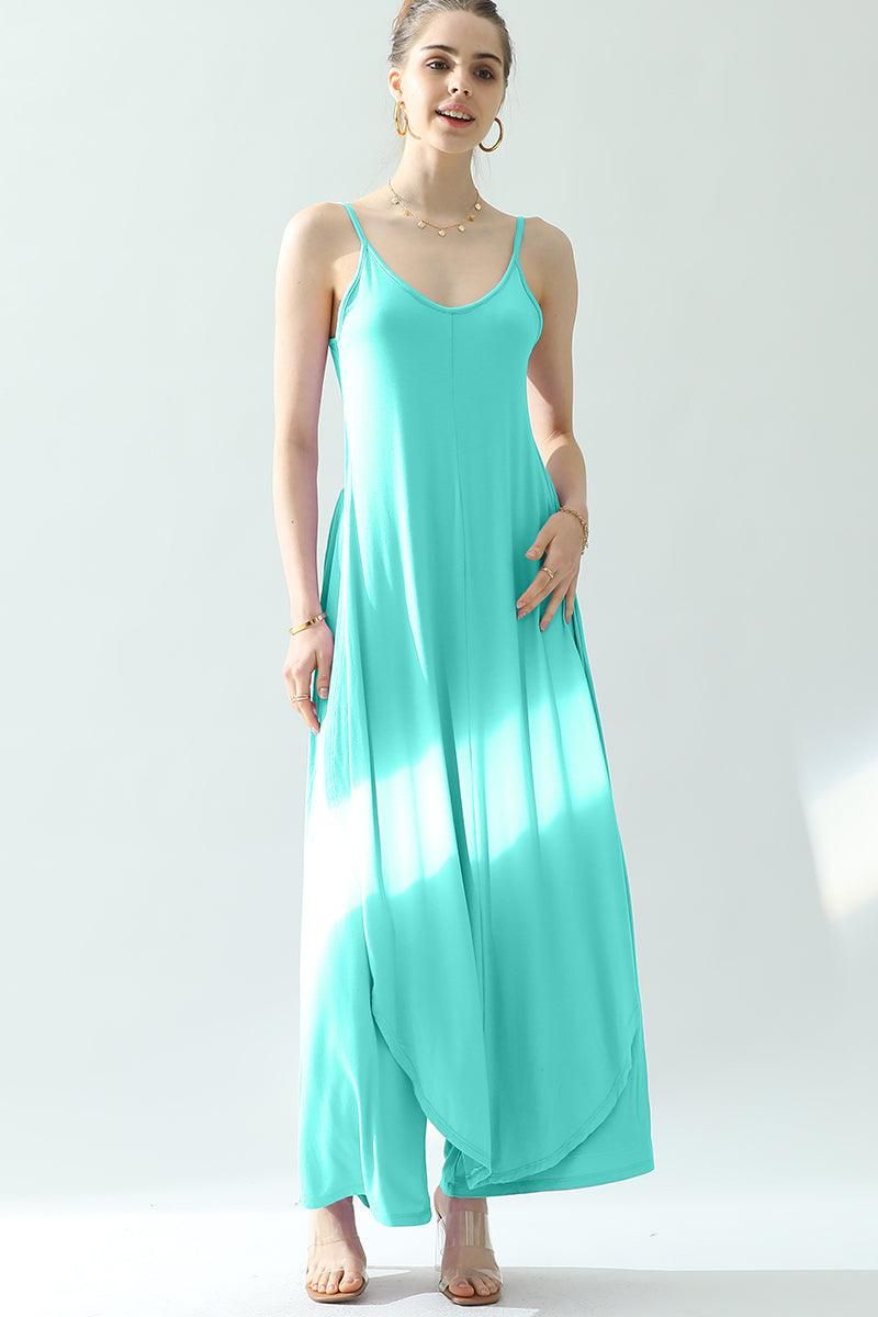 BACK CROPED STRAP DRESS AND WIDE LONG PANT SET - Doublju